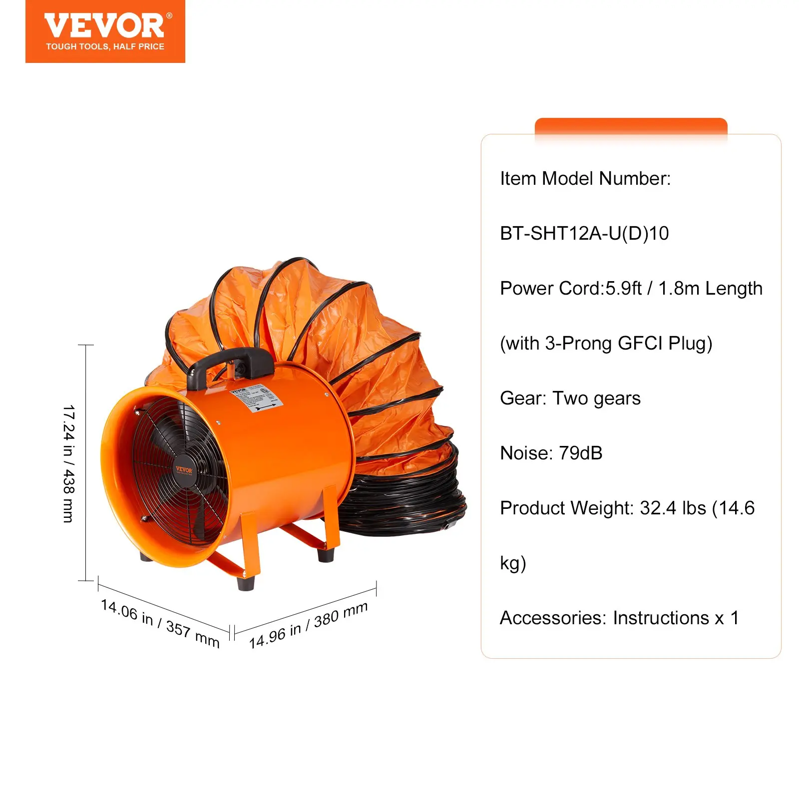 Ventilador portátil VEVOR, soplador industrial de 12 pulgadas y 3198 CFM