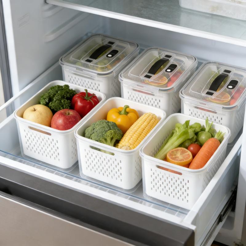 Organizadores de almacenamiento para refrigerador (juego de 3 o 5 piezas): Recipientes apilables de plástico transparente con colador extraíble; herméticos, aptos para lavavajillas y microondas; mantienen frescas por más tiempo las frutas y verduras.