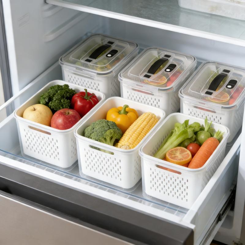 Organizadores de almacenamiento para refrigerador (juego de 3 o 5 piezas): Recipientes apilables de plástico transparente con colador extraíble; herméticos, aptos para lavavajillas y microondas; mantienen frescas por más tiempo las frutas y verduras.