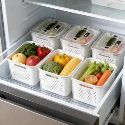 Organizadores de almacenamiento para refrigerador (juego de 3 o 5 piezas): Recipientes apilables de plástico transparente con colador extraíble; herméticos, aptos para lavavajillas y microondas; mantienen frescas por más tiempo las frutas y verduras.