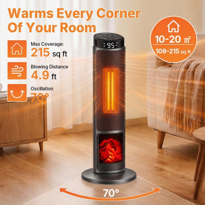 Calefactor Sweetcrispy de 23 pulgadas, calefactor eléctrico de 1500 W con temporizador de 12 horas, 4 modos, oscilación de 70°, termostato (50-95 °F), calentamiento rápido y bloqueo de seguridad para niños.