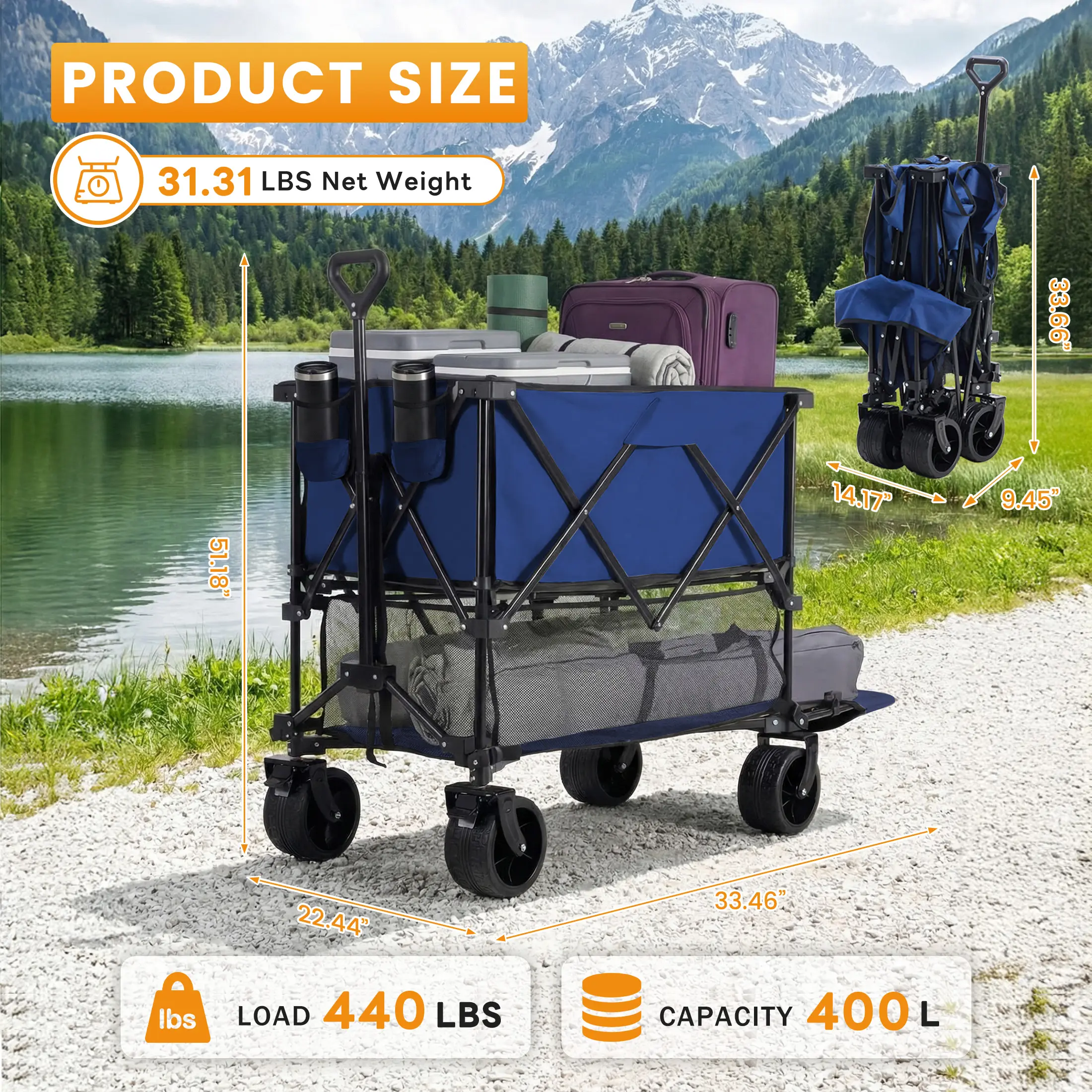 Carro plegable de doble nivel para exteriores DUMOS (320 L) de alta resistencia: capacidad de 440 libras, frenos, asa flexible, ruedas grandes todoterreno; diseño compacto y plegable, ideal para compras, acampada y uso intensivo.