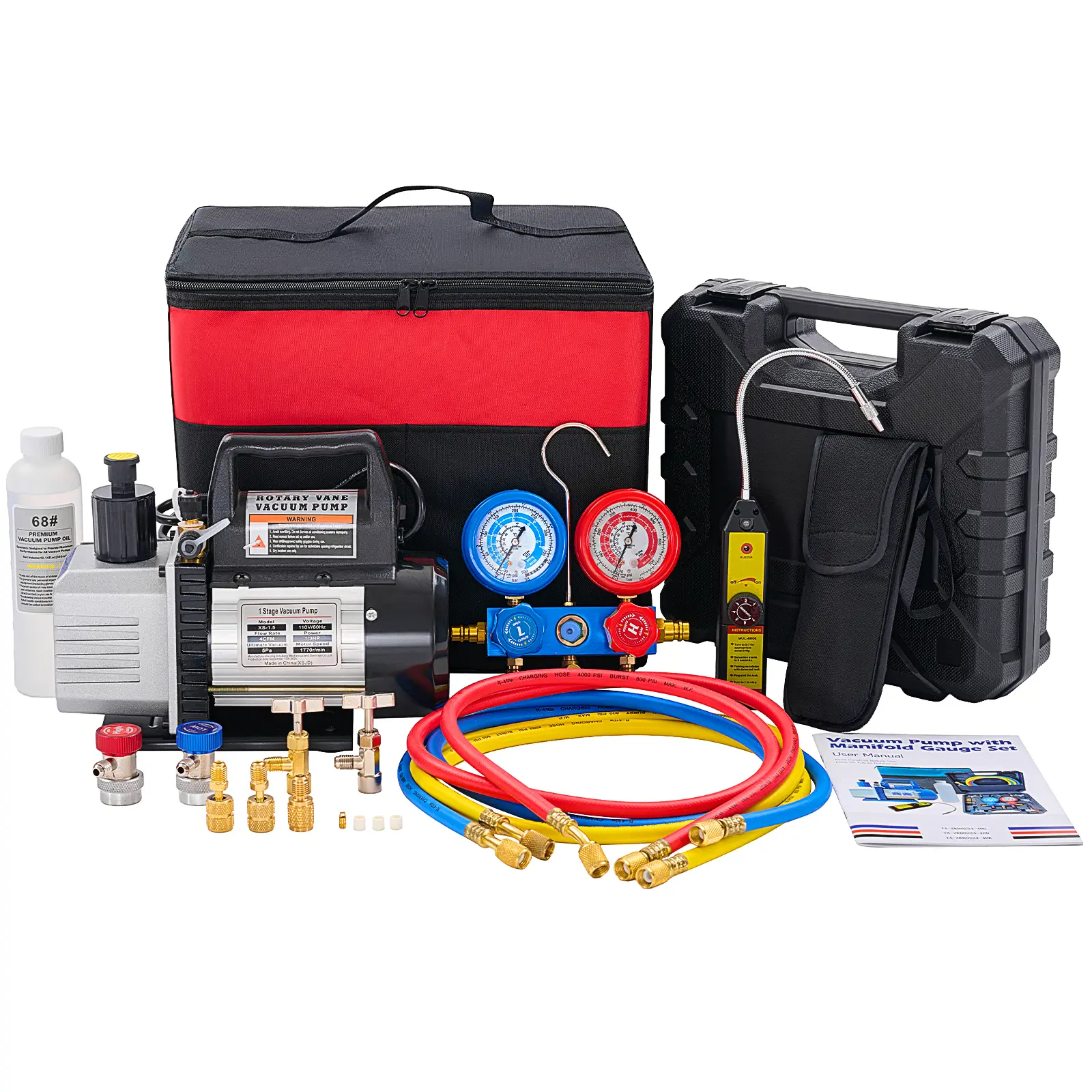 Kit de bomba de vacío de una etapa (110 V, 1/3 HP, 4 CFM) con juego de manómetros para R134a, detector de fugas, mangueras de 1/4" y bolsa de transporte para sistemas HVAC y refrigeración; con certificación ETL.