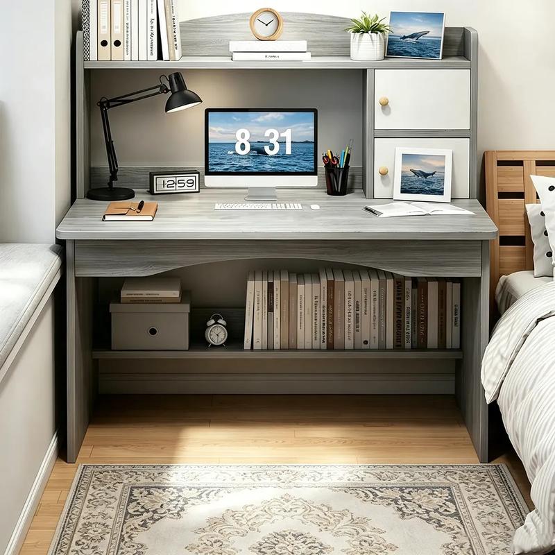 Escritorio Para Computadora Heaimo 100x48x120cm Con Librero Integrado Y Gabinetes De Almacenamiento Mesa De Oficina Home Office Escritorio De Estudio Con Estantes Organizadores Multifuncional Gris