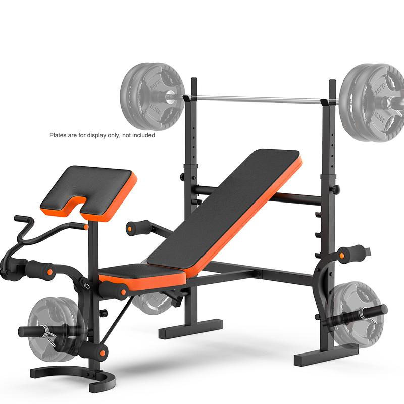 Banco de pesas 6 en 1 con extensión de piernas (no incluye discos de peso) — Banco de entrenamiento para gimnasio en casa con soporte y almohadilla predicador — Banco para levantamiento de pesas