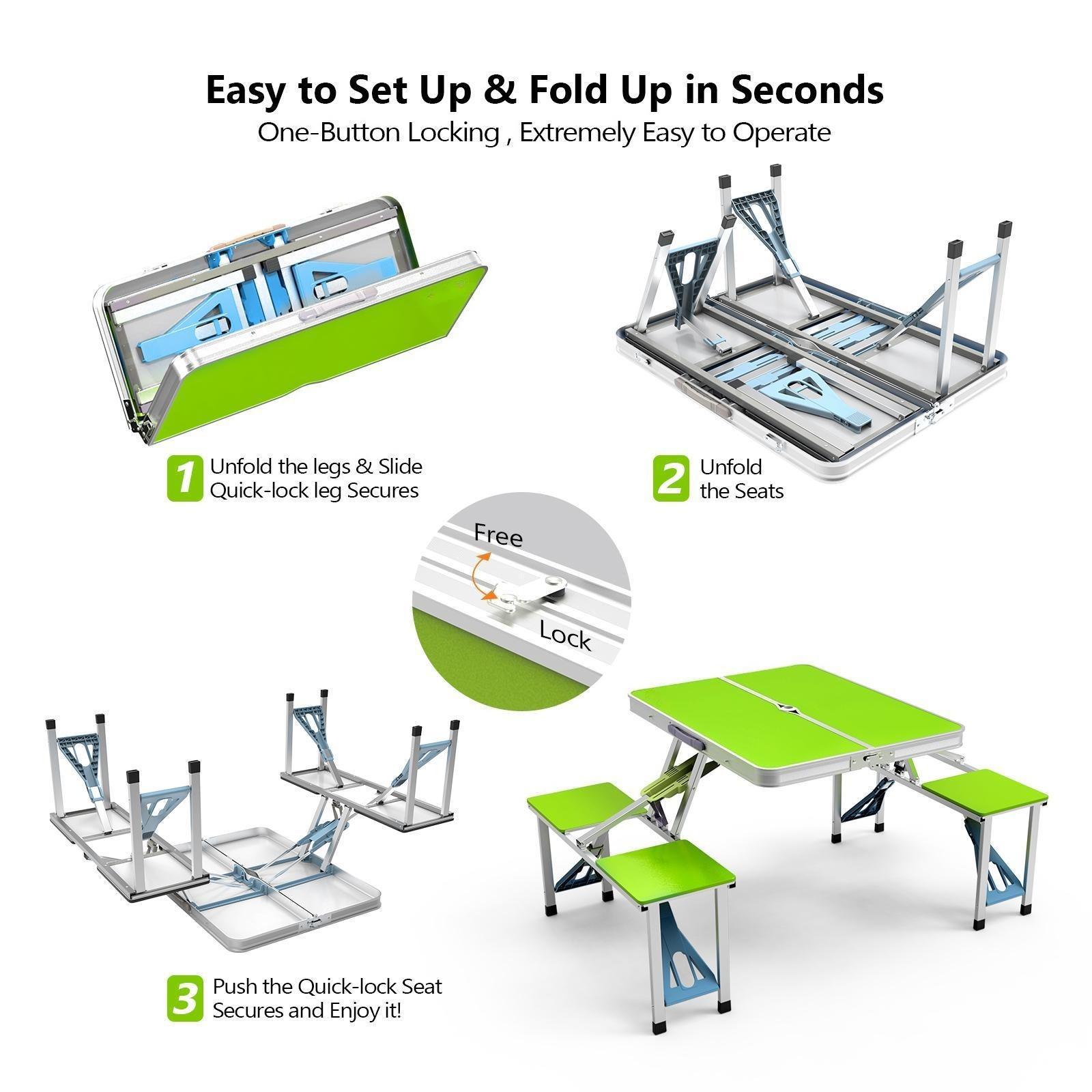 【Summervibes】Ubesgoo 4Ft Portable Folding Picnic Table Camping Table Foldable Set with 4 Seats with Umbrella Hole Suitcase Card Table-220 Lbs Support Aluminum Frame, Plastic RV Tabletop for Yard, Travel