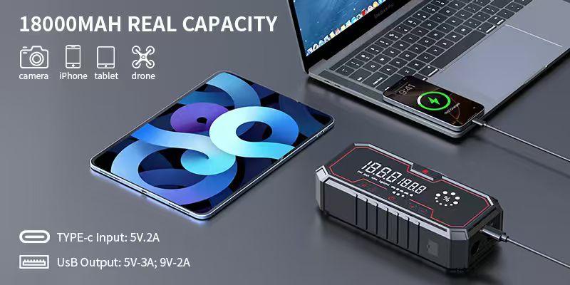 【Father's Day Gift】Kapeezi 12V Portable Emergency Car Battery Starter, 18000mAh Power Bank, 160PSI Tire Inflator, LED Light, Car Tool Kit, Automotive Essential Accessory Car Essentials