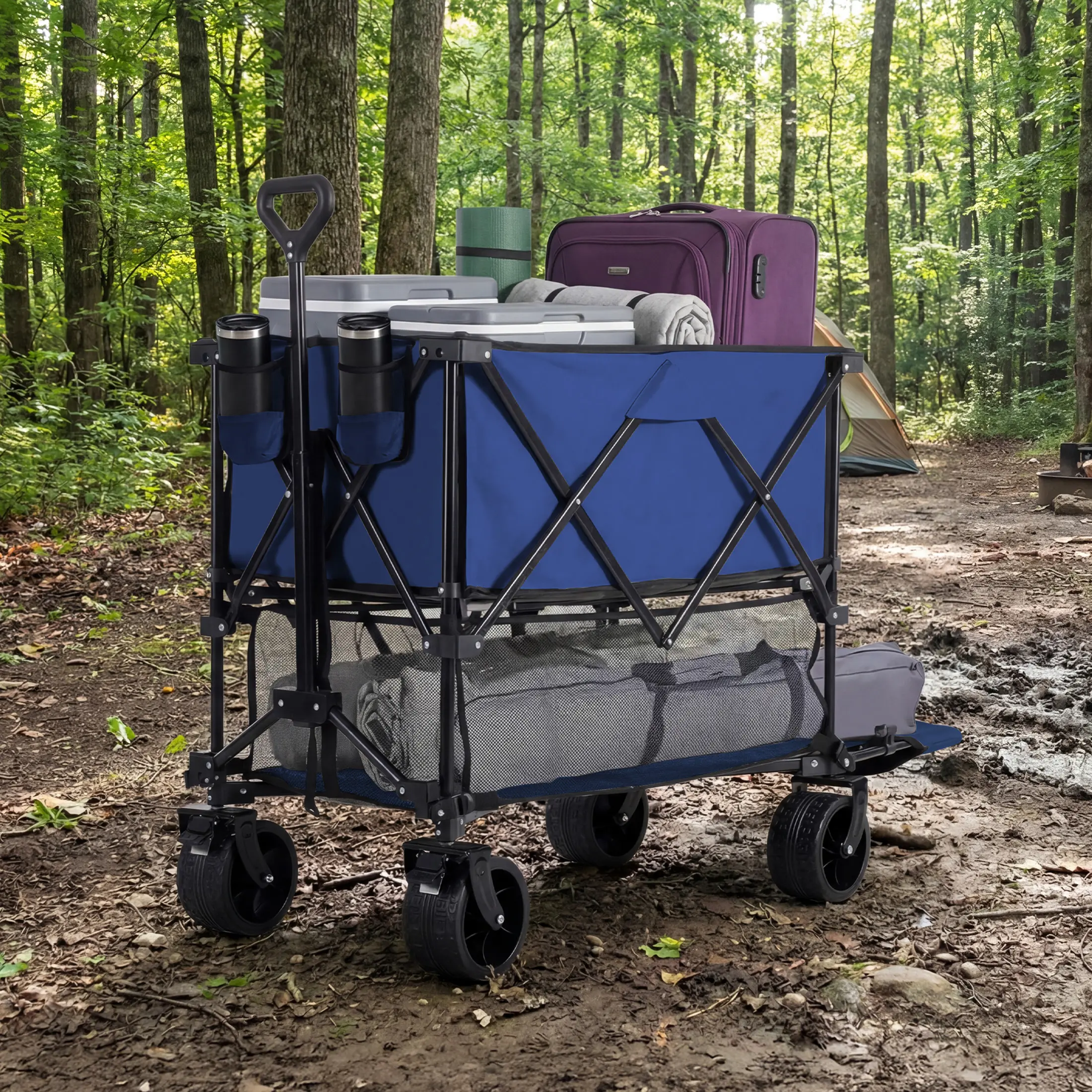 Carro plegable de doble nivel para exteriores DUMOS (320 L) de alta resistencia: capacidad de 440 libras, frenos, asa flexible, ruedas grandes todoterreno; diseño compacto y plegable, ideal para compras, acampada y uso intensivo.