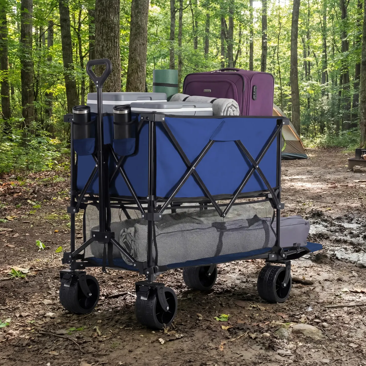 Carro plegable de doble nivel para exteriores DUMOS (320 L) de alta resistencia: capacidad de 440 libras, frenos, asa flexible, ruedas grandes todoterreno; diseño compacto y plegable, ideal para compras, acampada y uso intensivo.