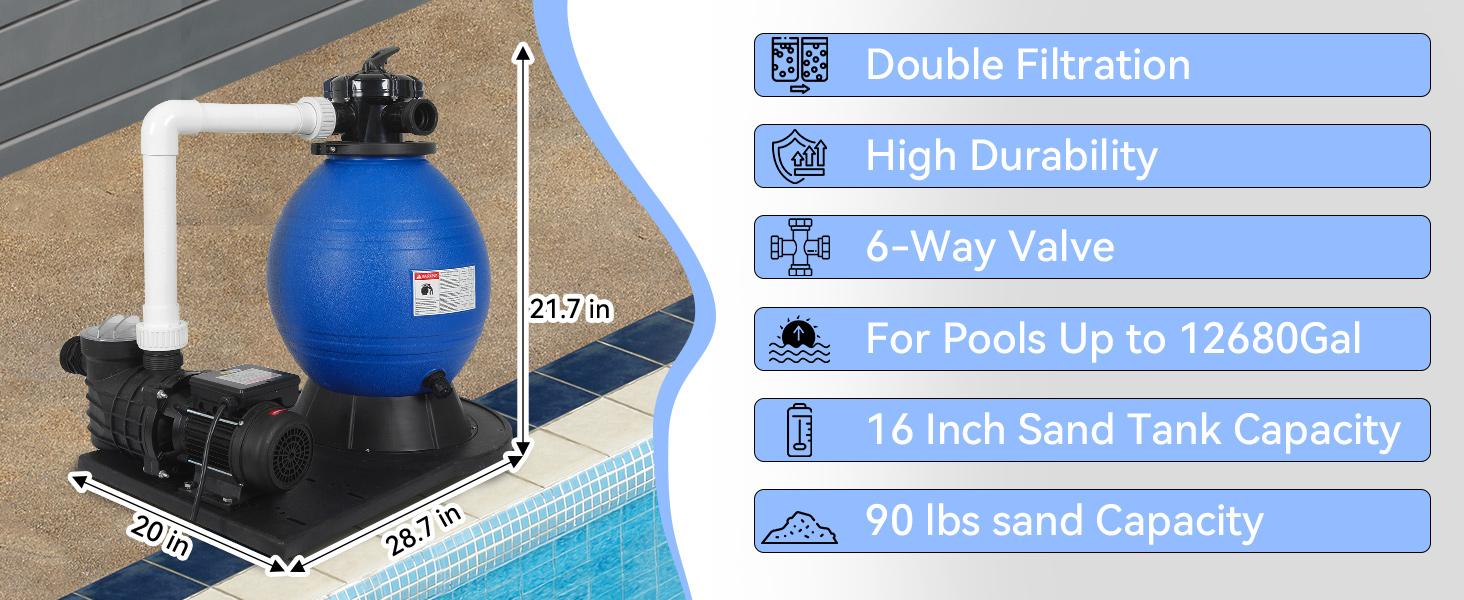 12in Sand Filter Pump with Timer for Above Ground Pool Up to 12046GAL, Summervibes, 1/2HP Pool Pump, High-Flow Cleaner Systems with 6-Way Multi-Port Valve, Durable Sand Filter with 40LB Capacity, TP007