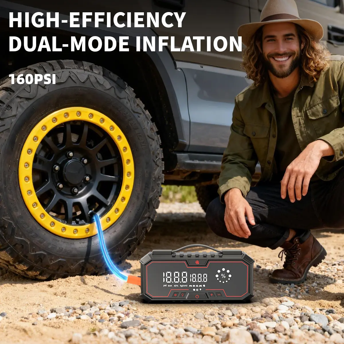 Arrancador de batería portátil para coche Kapeezi de 12 V, batería externa (power bank) de 18 000 mAh, inflador de neumáticos de 160 PSI, luz LED, kit de herramientas para coche; accesorio esencial para automóviles.