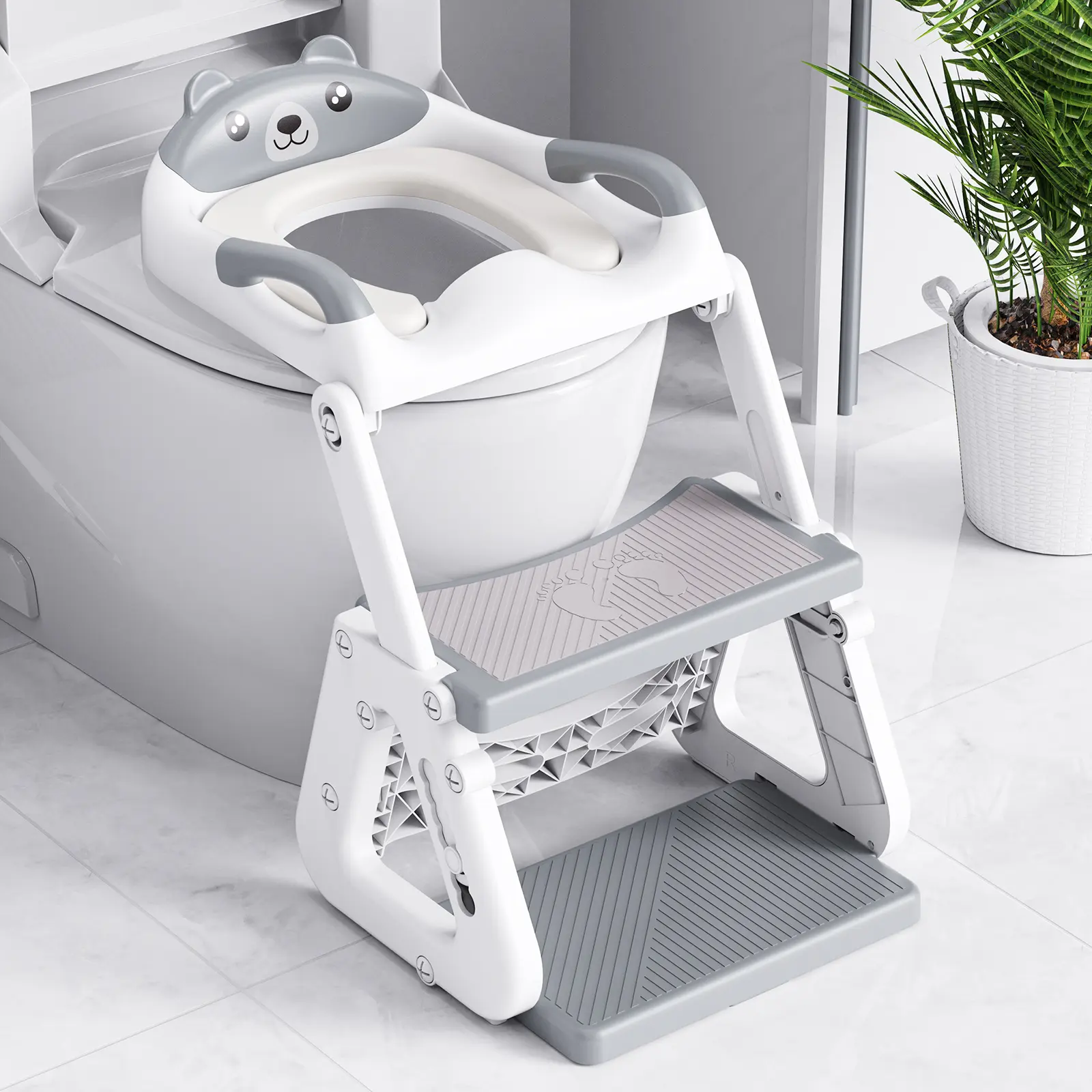 Orzbow - Asiento de inodoro 2 en 1 para entrenamiento de ir al baño con altura ajustable y escalón; escalera estable con protector contra salpicaduras y base antideslizante (gris)