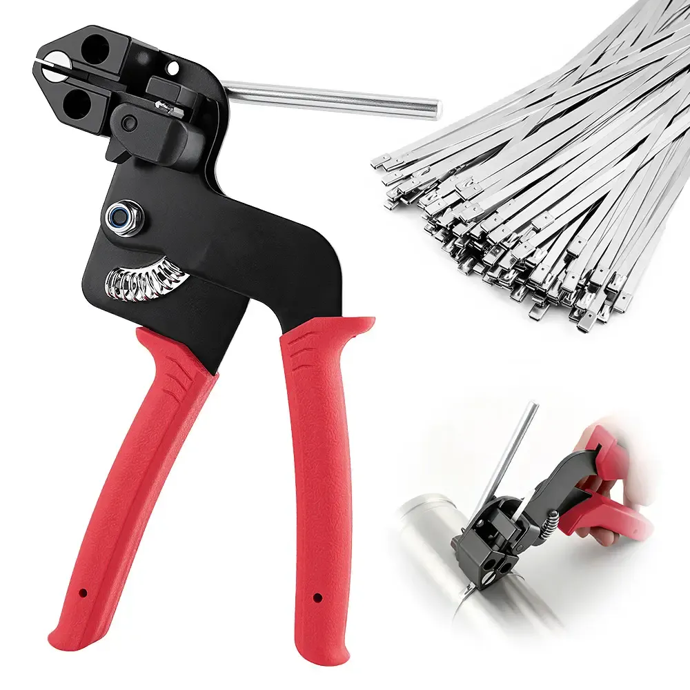 Kit de herramienta tensora y cortadora para bridas de acero inoxidable, incluye 100 bridas de alta resistencia (acero 304, resistentes a rayos UV, 11,8 pulgadas/300 mm de largo y 200 libras de resistencia a la tracción); ideal para cercas de malla ciclóni