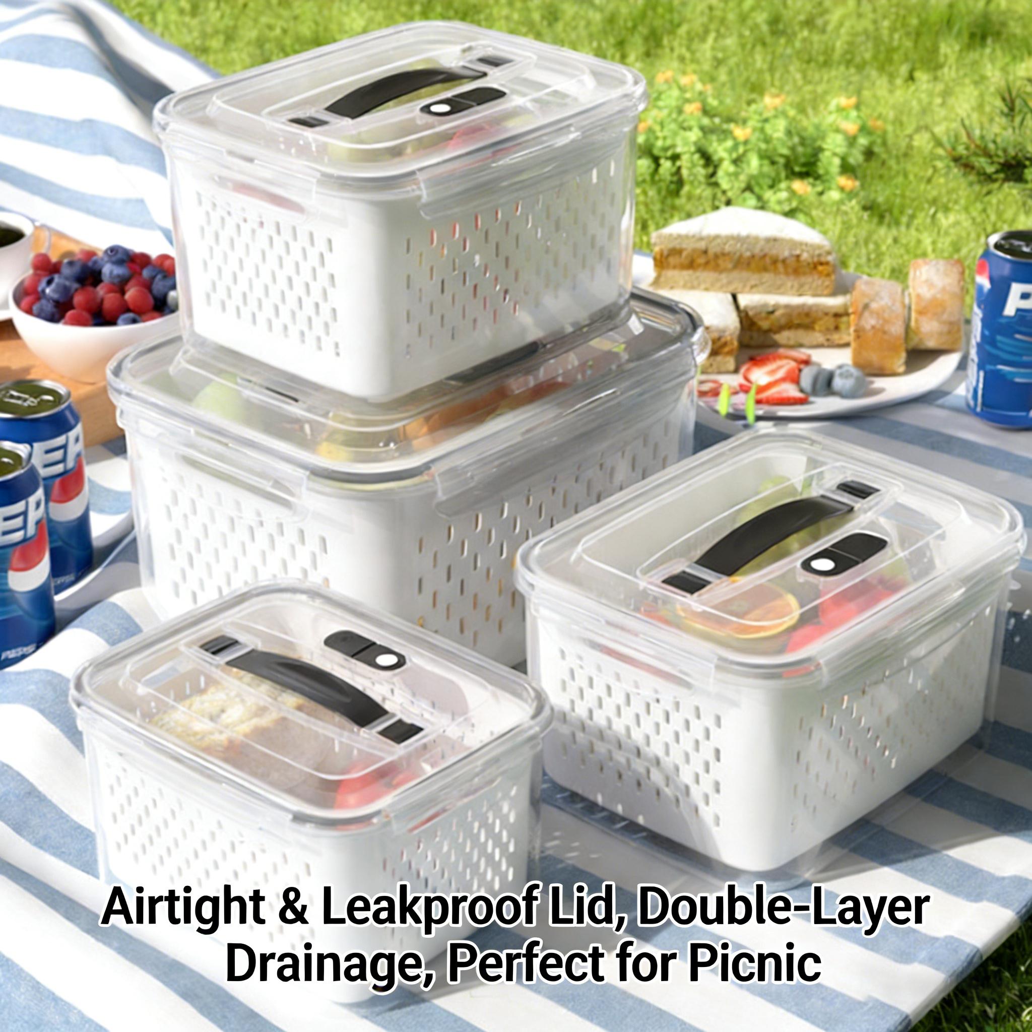 Kitchen Utensils Fridge Storage Organizers (3pcs/5pcs) - Transparent Plastic Stackable Storage Jar Strainer Containers with Removable Colander, Leakproof, Dishwasher & Microwave Safe, Keeps Fruits Vegetables Fresh Longer