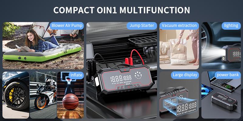 【Father's Day Gift】Kapeezi 12V Portable Emergency Car Battery Starter, 18000mAh Power Bank, 160PSI Tire Inflator, LED Light, Car Tool Kit, Automotive Essential Accessory Car Essentials