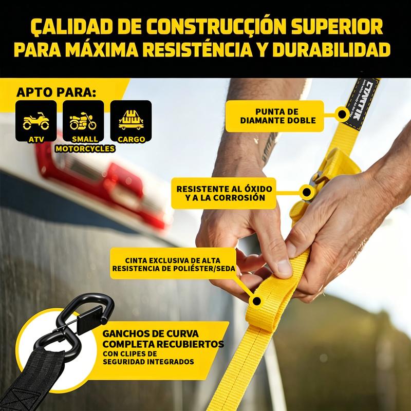 CTARTIK Juego de Correas de Amarre con Trinquete Retráctiles | 2,5cm x 3m | 1.764 lbs Resistencia | Autoajustables | Fijación Segura | Para Moto, Camión y Equipaje |