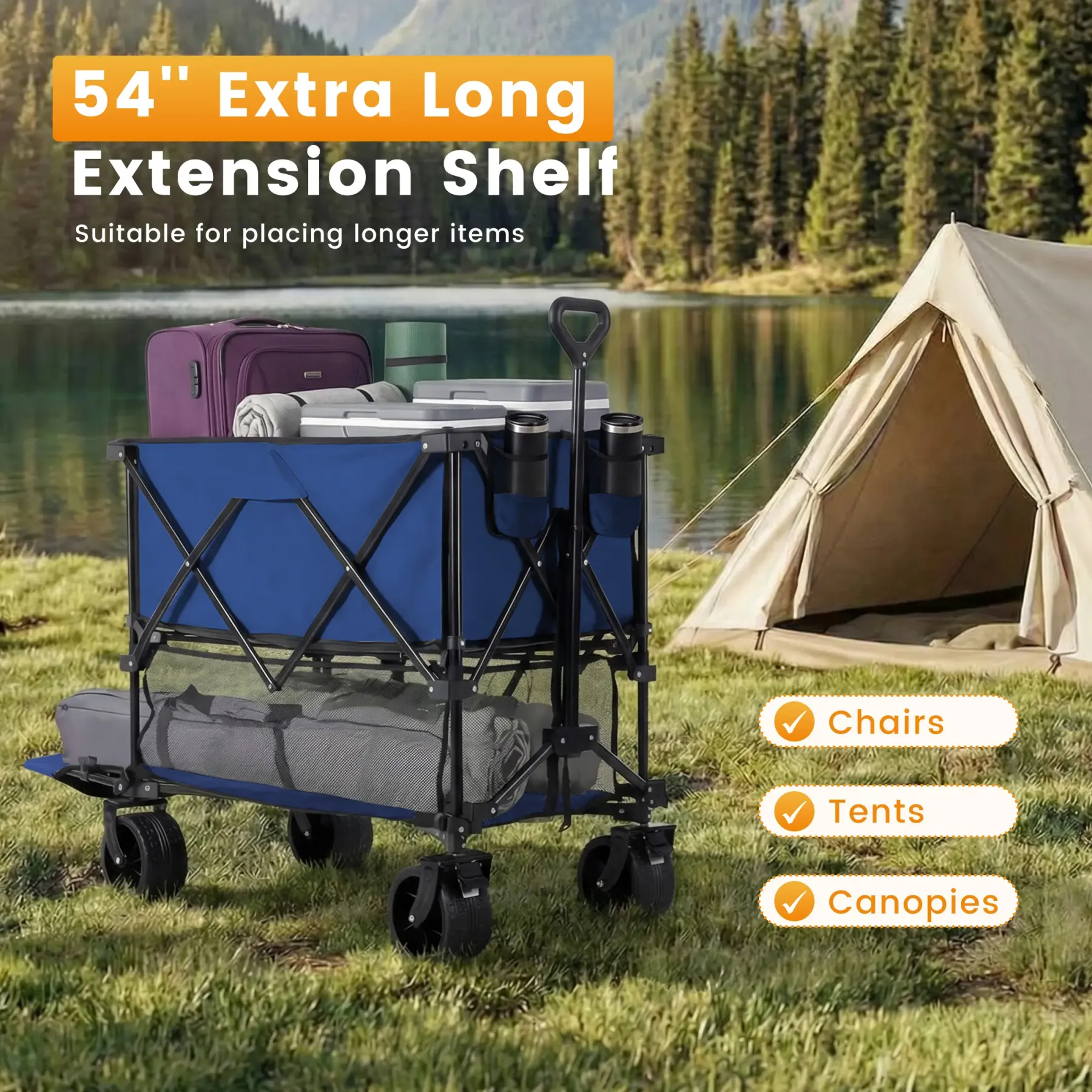 Carro plegable de doble nivel para exteriores DUMOS (320 L) de alta resistencia: capacidad de 440 libras, frenos, asa flexible, ruedas grandes todoterreno; diseño compacto y plegable, ideal para compras, acampada y uso intensivo.