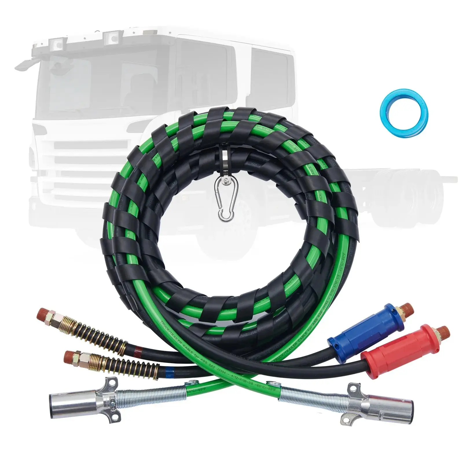 Kit de líneas de aire de 12 pies para camiones semirremolque VEVOR, con 2 acoples Gladhand, mangueras de aire 3 en 1 y línea eléctrica ABS de 7 vías; incluye 2 manijas para acoples, 4 sellos y kit de resortes de soporte para tractocamiones y remolques.