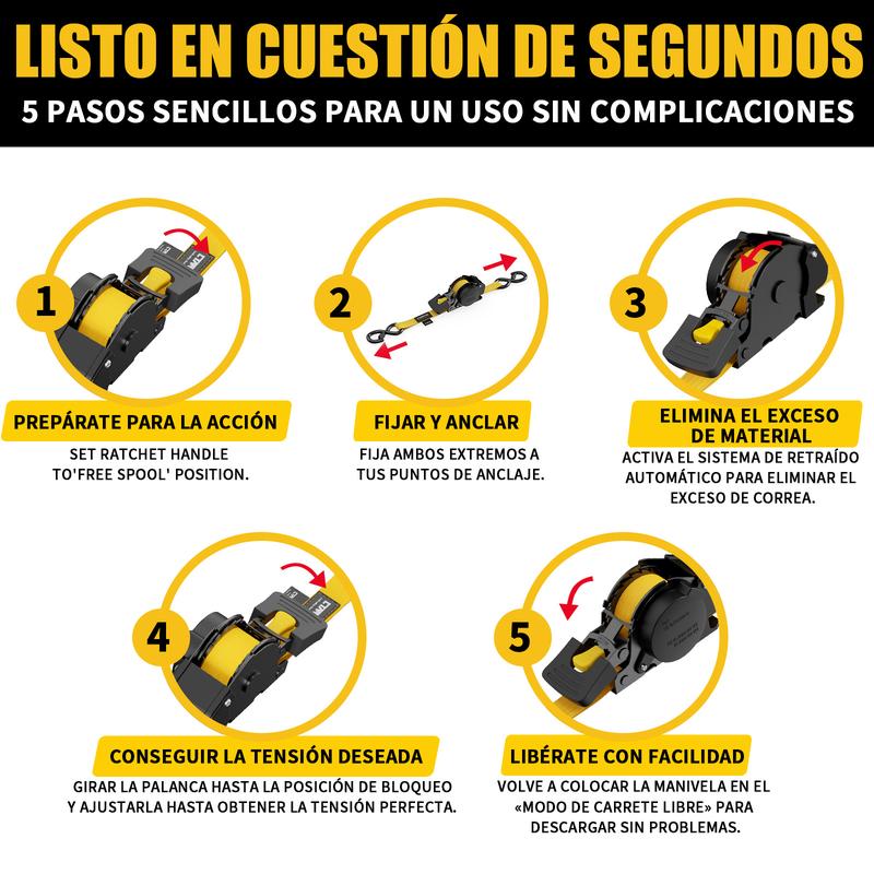 CTARTIK Juego de Correas de Amarre con Trinquete Retráctiles | 2,5cm x 3m | 1.764 lbs Resistencia | Autoajustables | Fijación Segura | Para Moto, Camión y Equipaje |