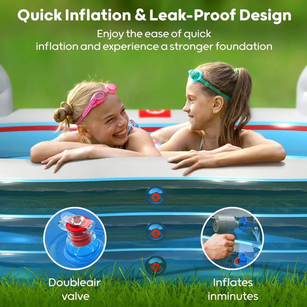 Piscina inflable QPAU, piscina inflable de tamaño completo con asientos y respaldos, piscina infantil para exteriores y jardín, para la diversión familiar en verano, color azul (Jelly Blue).
