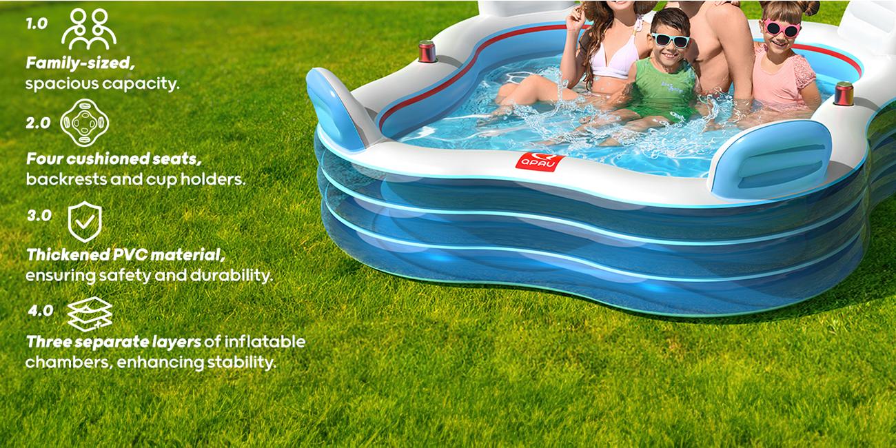 QPAU Inflatable Swimming Pool, Full-Sized Blow Up Pools with Seats and Backrests, Kiddie Pool for Outdoor & Backyard, for Family Summer Time Fun, Jelly Blue QPAU Inflatable Swimming Pool, Full-Sized Blow Up Pools with Seats and Backrests, Kiddie Pool for Outdoor & Backyard, for Family Summer Time Fun, Jelly Blue