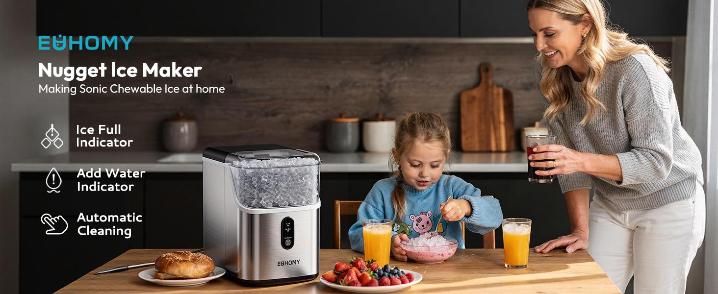 EUHOMY Nugget Ice Makers Countertop, Pebble Ice Maker Machine with 35lbs/24H&33lbs/24H Soft Ice, Self-Cleaning Sonic Ice Maker with Ice Scoop&Basket,  Utensils, Pellet Ice Maker for Home/Kitchen/Office