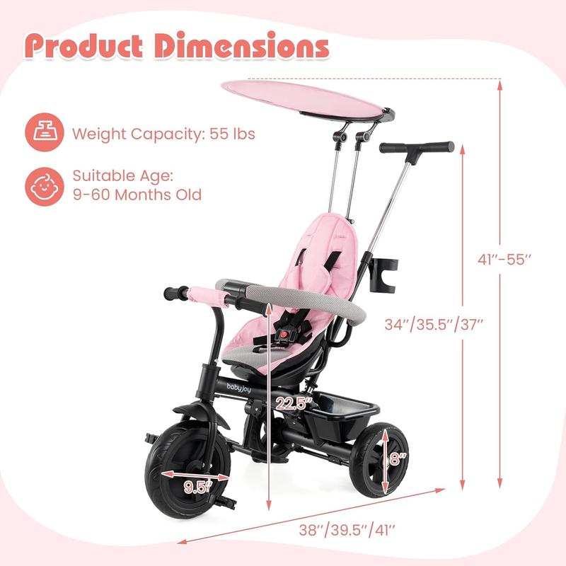 Triciclo Costzon para niños pequeños: con barra de empuje extraíble, asiento reversible, ruedas de EVA, toldo ajustable, portavasos y espacio de almacenamiento. Regalo para el Día de la Madre. ¡Ambiente veraniego!