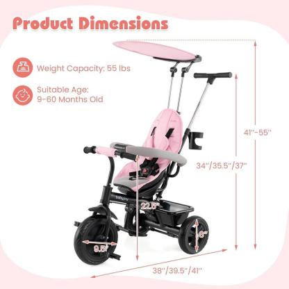 Triciclo Costzon para niños pequeños: con barra de empuje extraíble, asiento reversible, ruedas de EVA, toldo ajustable, portavasos y espacio de almacenamiento. Regalo para el Día de la Madre. ¡Ambiente veraniego!