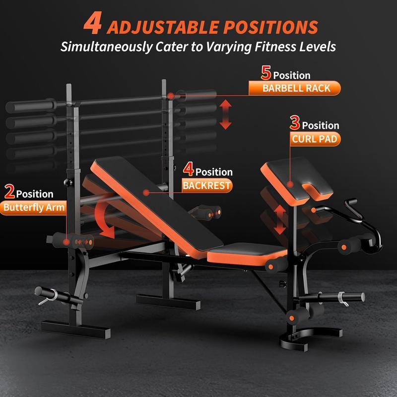 Banco de pesas 6 en 1 con extensión de piernas (no incluye discos de peso) — Banco de entrenamiento para gimnasio en casa con soporte y almohadilla predicador — Banco para levantamiento de pesas