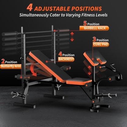 Banco de pesas 6 en 1 con extensión de piernas (no incluye discos de peso) — Banco de entrenamiento para gimnasio en casa con soporte y almohadilla predicador — Banco para levantamiento de pesas