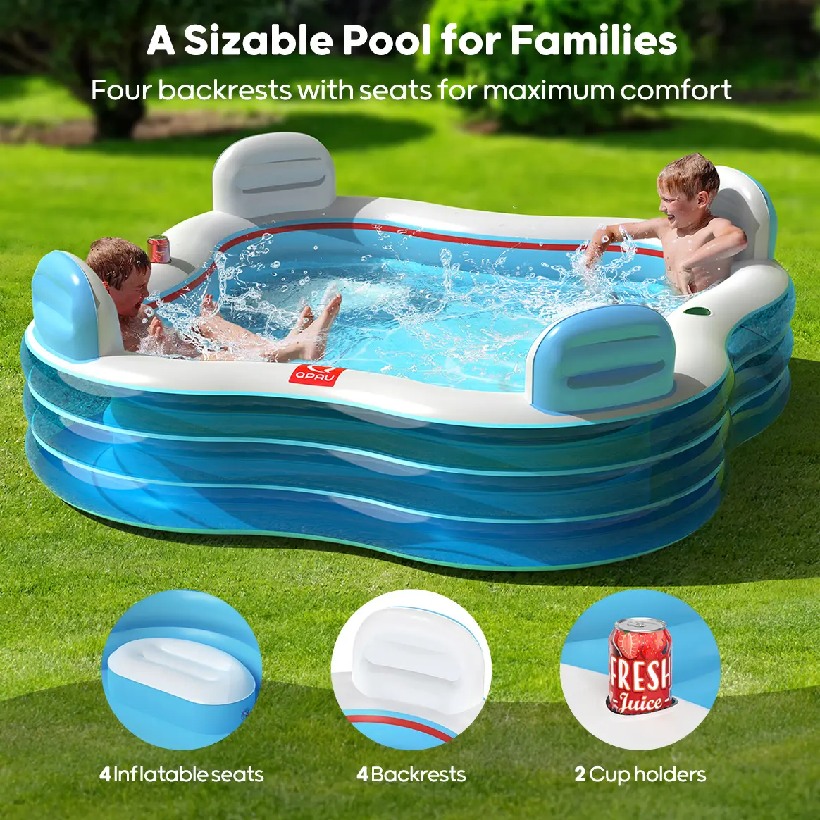 Piscina inflable QPAU, piscina inflable de tamaño completo con asientos y respaldos, piscina infantil para exteriores y jardín, para la diversión familiar en verano, color azul (Jelly Blue).