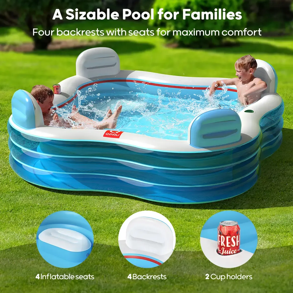 Piscina inflable QPAU, piscina inflable de tamaño completo con asientos y respaldos, piscina infantil para exteriores y jardín, para la diversión familiar en verano, color azul (Jelly Blue).