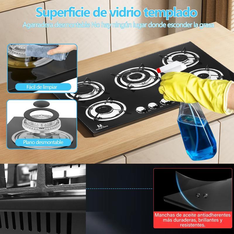 Estufa de Gas Empotrable 5 Quemadores, Vidrio Templado, Rejillas de Hierro Fundido, Encendido Automático, Alta Potencia 48300 BTU para Cocina Moderna