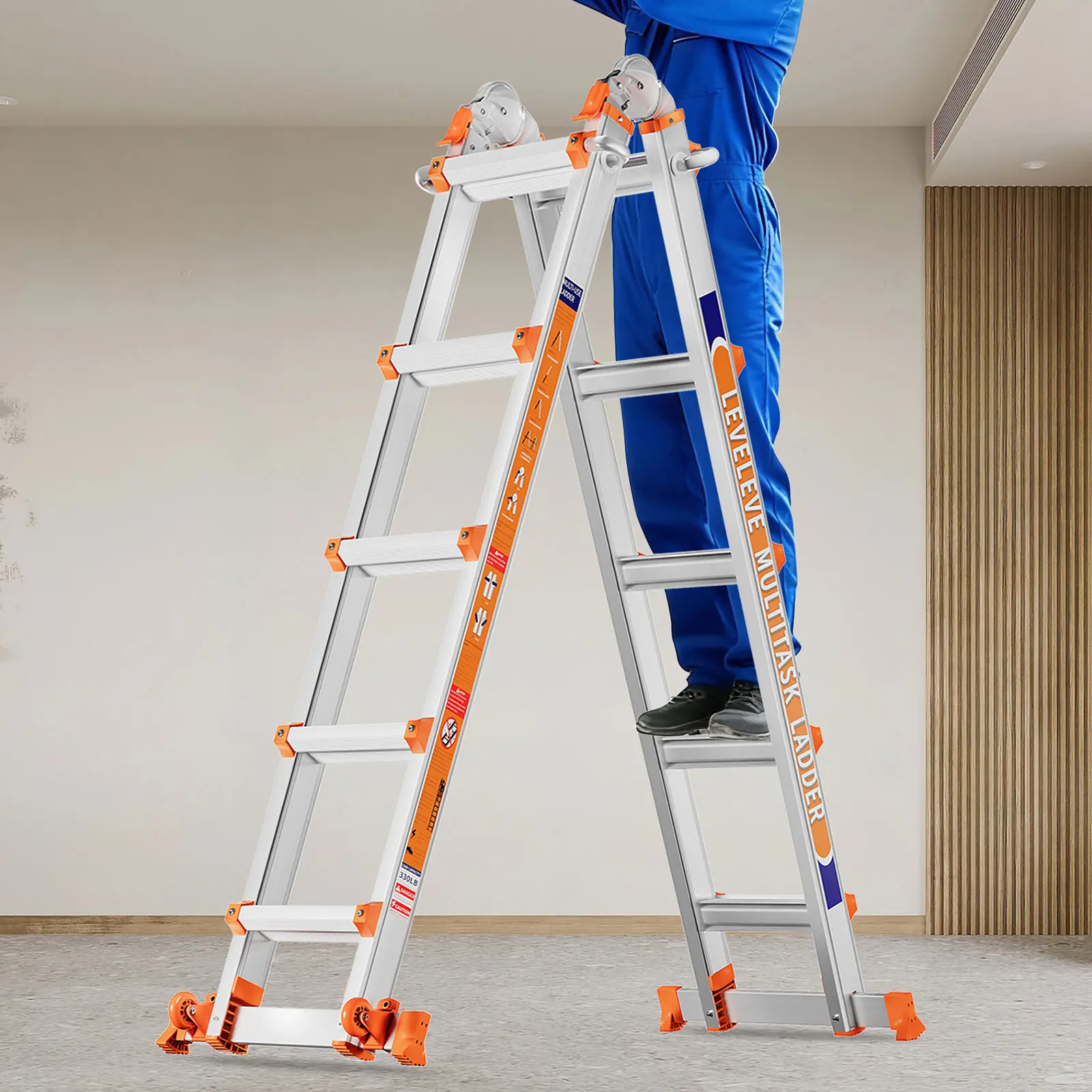 Escalera extensible multiposición LEVELEVE — Convertible a diferentes modos, escalera de tijera tipo A con barras estabilizadoras, diseño de ancho compacto al plegarse, capacidad de carga de 330 lb, con ruedas; segura para uso doméstico y trabajos en tech