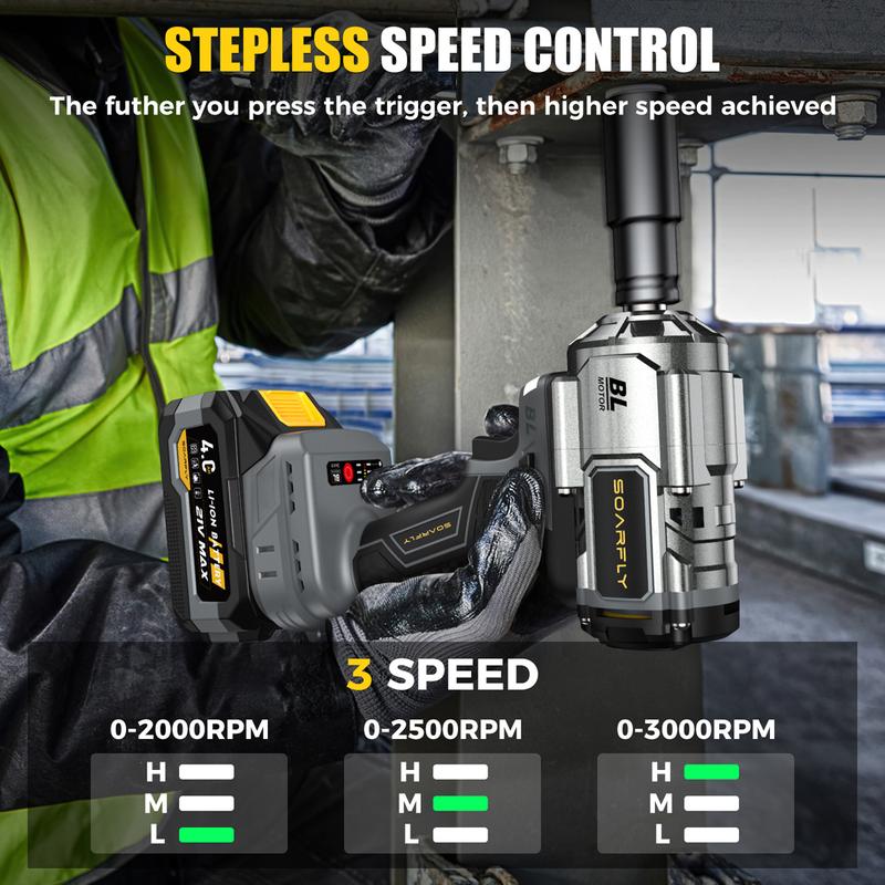SOARFLY Llave de impacto inalámbrica de 1200 Nm (900 ft-lbs), para automóviles y camiones; incluye 2 baterías de 4.0 Ah, cargador rápido, 3000 RPM, 5 vasos y 1 barra de extensión.