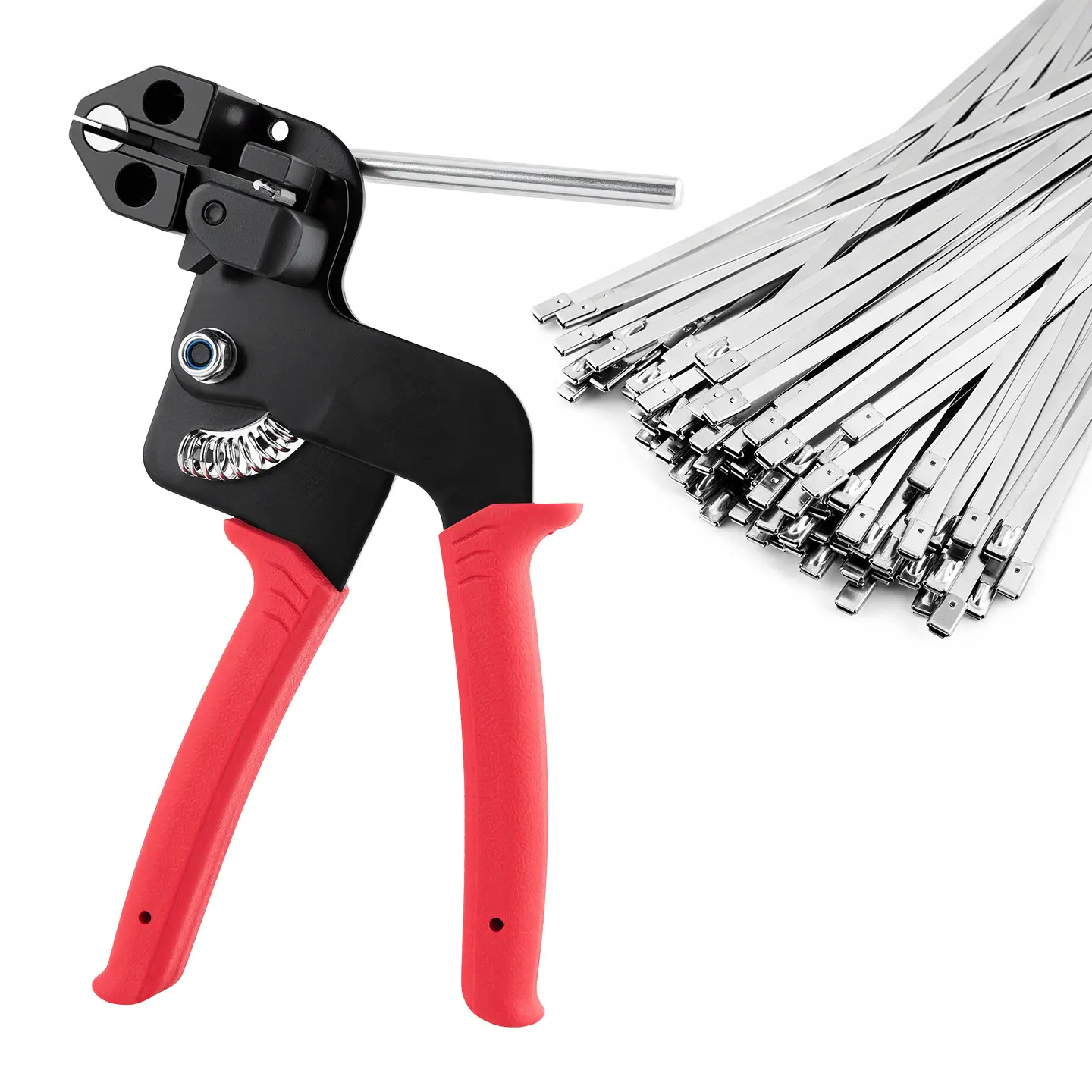 Kit de herramienta tensora y cortadora para bridas de acero inoxidable, incluye 100 bridas de alta resistencia (acero 304, resistentes a rayos UV, 11,8 pulgadas/300 mm de largo y 200 libras de resistencia a la tracción); ideal para cercas de malla ciclóni