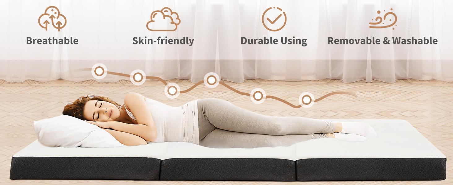 【Deals For You】Folding Mattress, Tri-fold Memory Foam Mattress Topper for Camping, Foldable Mattress Topper with Washable Cover, Various Sizes, White