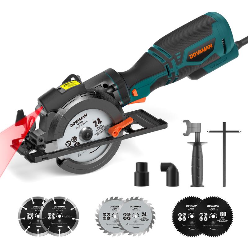 DOVAMAN Sierra Circular, 5.8A 4-1/2" con Láser, Empuñadura Auxiliar, 6 Discos de Sierra (4½", 4¾"), Profundidad Máx. de Corte 1-11/16", Para Madera, Metales Blandos, Plástico y Azulejos - MCS01A
