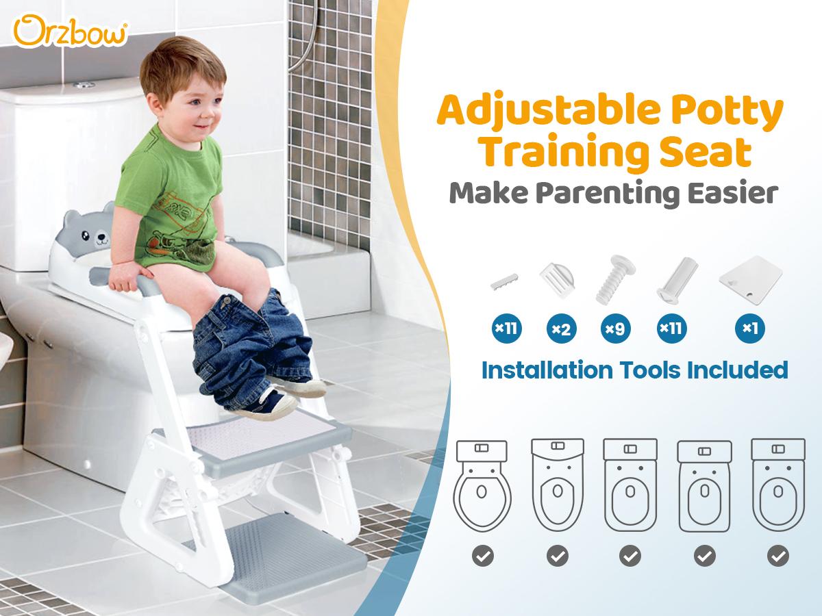 Orzbow Adjustable Height 2-IN-1 Kids Potty Training Toilet Seat with Step Stool, Stable Training Ladder Potty Seat with Splash Guard & Anti-Slip Pad, Grey