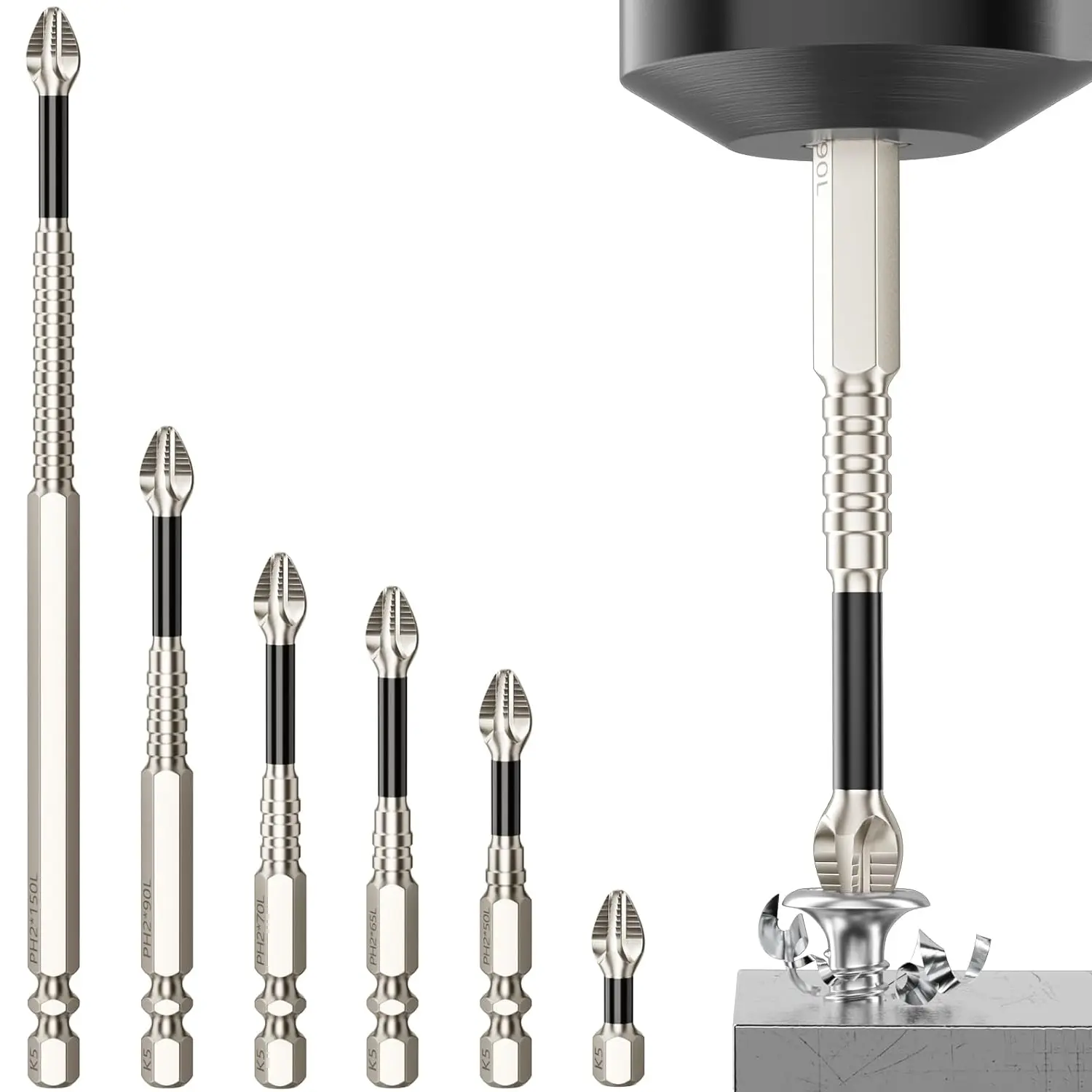 Juego de 9 puntas de destornillador magnéticas ADESKE PH2: puntas de acero S2 resistentes a impactos, puntas antideslizantes para taladro y destornillador eléctrico, hexágono de 1/4", 25-150 mm