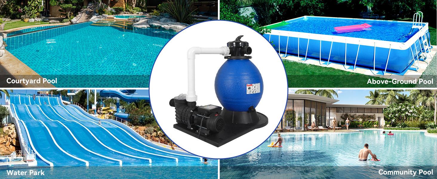 12in Sand Filter Pump with Timer for Above Ground Pool Up to 12046GAL, Summervibes, 1/2HP Pool Pump, High-Flow Cleaner Systems with 6-Way Multi-Port Valve, Durable Sand Filter with 40LB Capacity, TP007