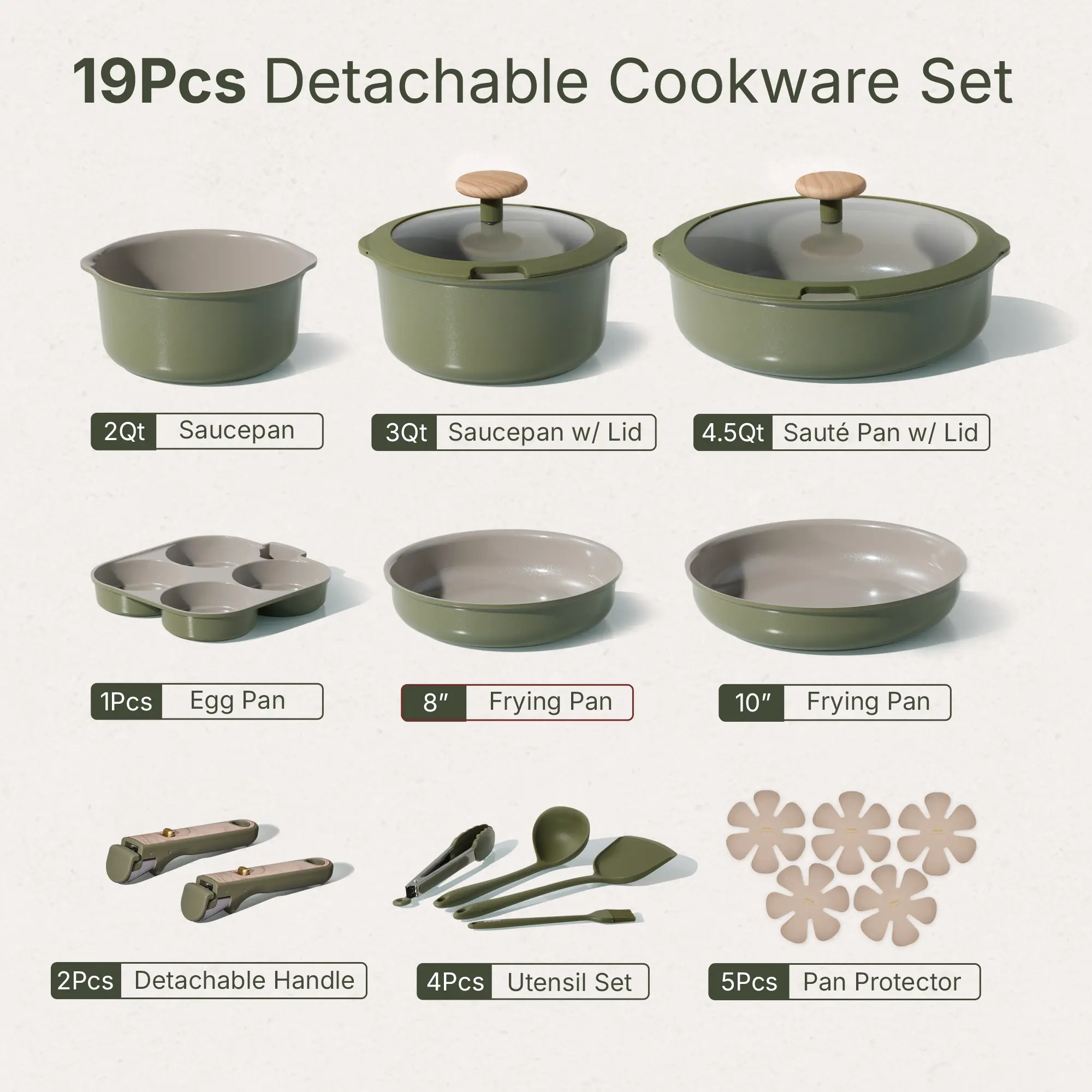 Juego de utensilios de cocina de cerámica CAROTE de 19 piezas, antiadherentes, con mango desmontable, aptos para lavavajillas y con pico vertedor.