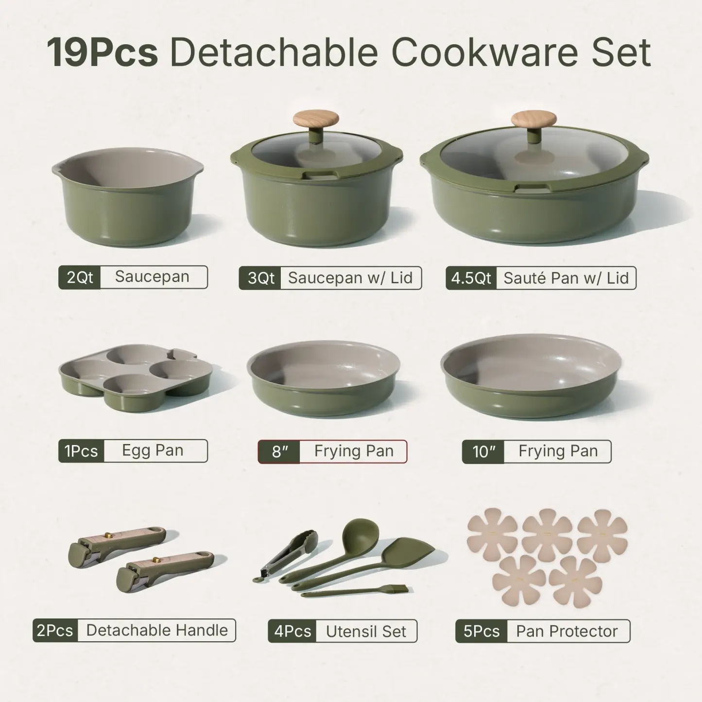Juego de utensilios de cocina de cerámica CAROTE de 19 piezas, antiadherentes, con mango desmontable, aptos para lavavajillas y con pico vertedor.