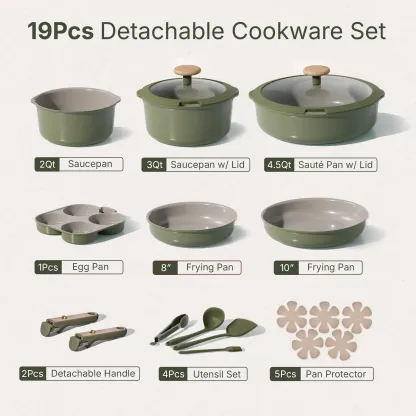 Juego de utensilios de cocina de cerámica CAROTE de 19 piezas, antiadherentes, con mango desmontable, aptos para lavavajillas y con pico vertedor.