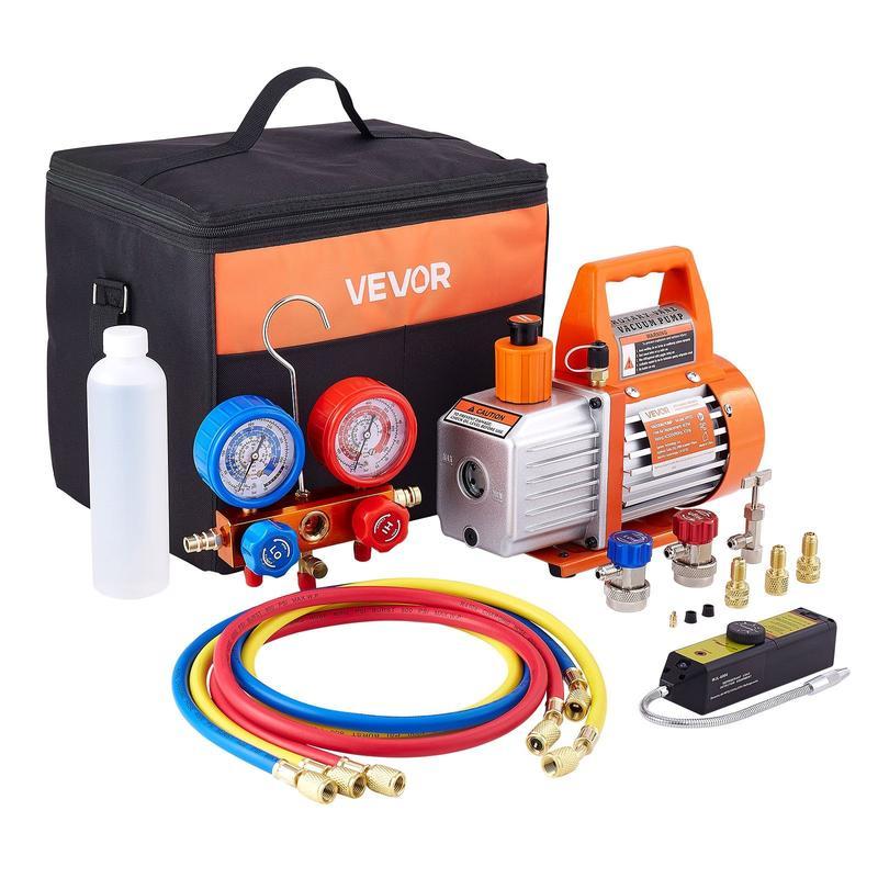 Kit de bomba de vacío rotativa de paletas de una etapa (4 CFM, 1/3 HP) para HVAC y manómetro múltiple — Summervibes