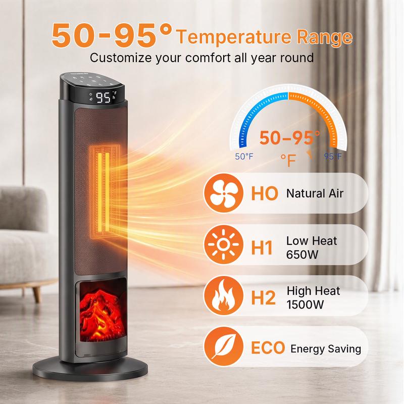 Calefactor Sweetcrispy de 23 pulgadas, calefactor eléctrico de 1500 W con temporizador de 12 horas, 4 modos, oscilación de 70°, termostato (50-95 °F), calentamiento rápido y bloqueo de seguridad para niños.
