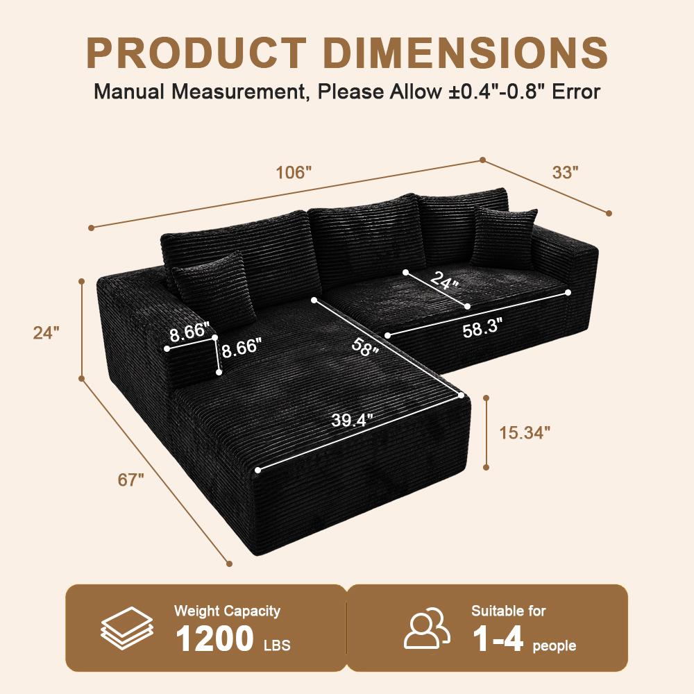DIGWAC Modern Modular L-Shaped Recliner Sectional Upholstered Sofa - Sturdy Upgraded Independent Pocket Spring Base, Soft Corduroy Fabric, Layered Memory Sponge Padding, Deep Seat Living Room Couch, No Assembly Needed, Ships in 2 Packages, Modern Sofas, F