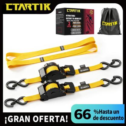 CTARTIK Juego de Correas de Amarre con Trinquete Retráctiles | 2,5cm x 3m | 1.764 lbs Resistencia | Autoajustables | Fijación Segura | Para Moto, Camión y Equipaje |
