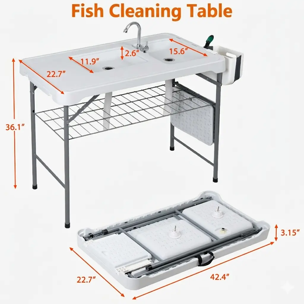 Estación de preparación exterior multiusos Segawe All-in-1: mesa exterior ligera, mesa plegable portátil de PE y acero con patas plegables, fregaderos dobles, grifo, rejilla, capacidad de 660 lb, limpieza de pescado, muebles de patio esenciales para barba