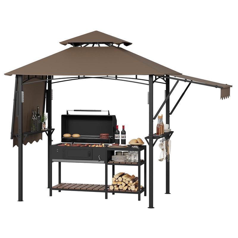 Cenador para barbacoas Gaomon de 8 x 5 pies — Toldo parasol para patio exterior con techo ventilado de doble nivel, toldos laterales dobles ajustables, 2 estantes prácticos, ganchos, gancho para luz de techo, patas reforzadas y estructura de acero resiste